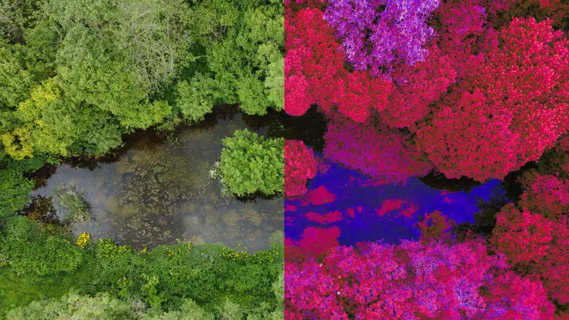 Split image of a woodland pond: normal colour on the left, false colour on the right.