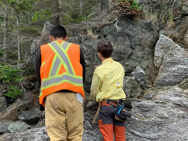 Two geologists in hi-vis examining a rock outcrop in woodland.