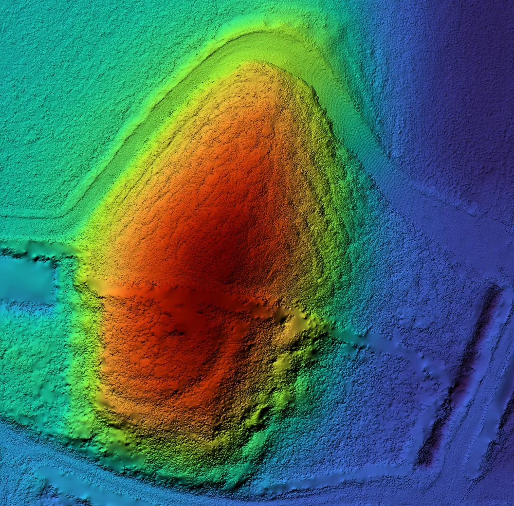 LiDAR terrain model of an earth mound, coloured by height.