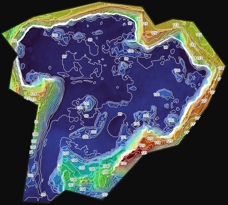 Contour map of a quarry, with 1 m contour lines over the height model.