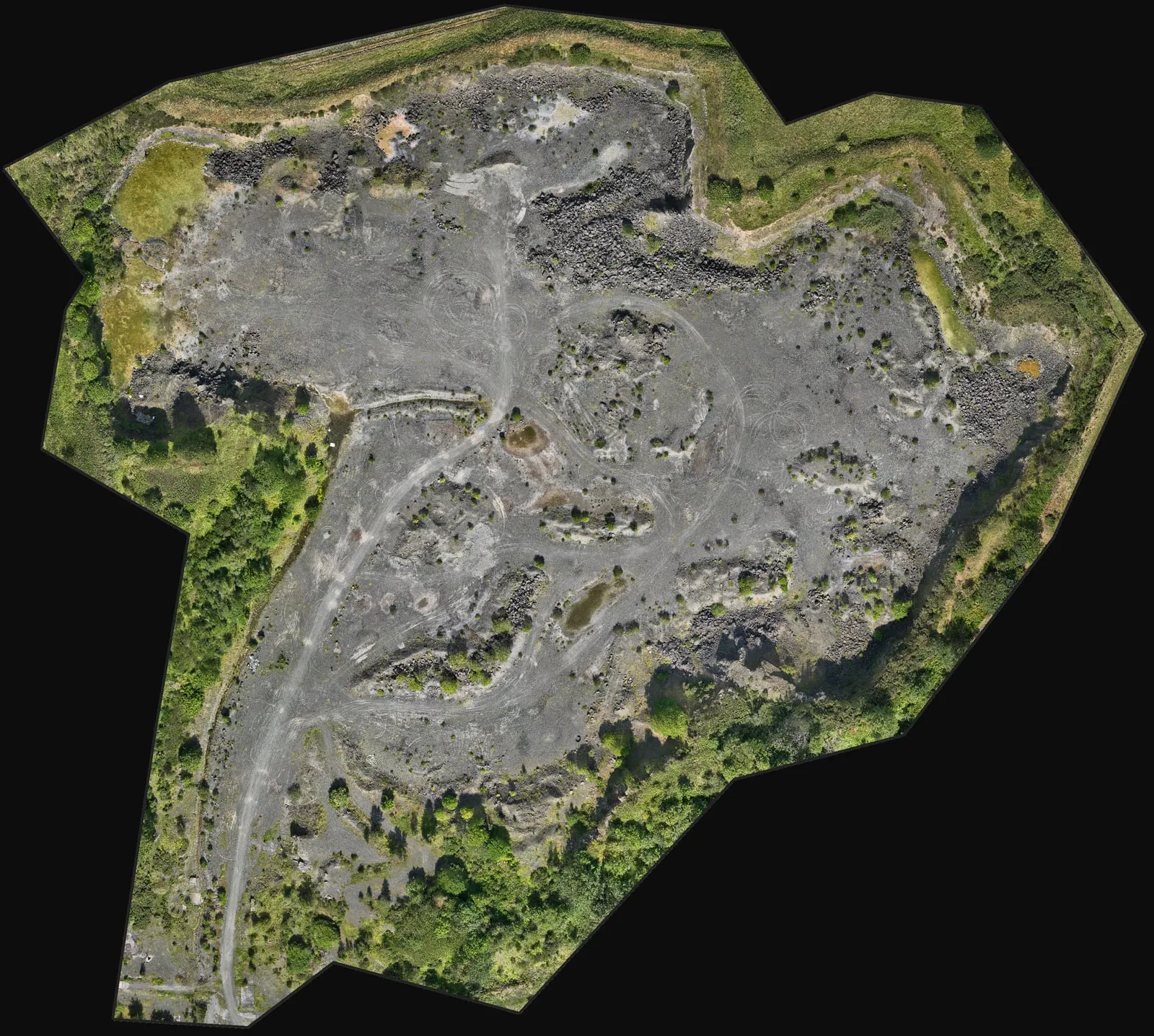 Drone map of the disused quarry: a grey rock floor with tracks, ringed by trees and grass.